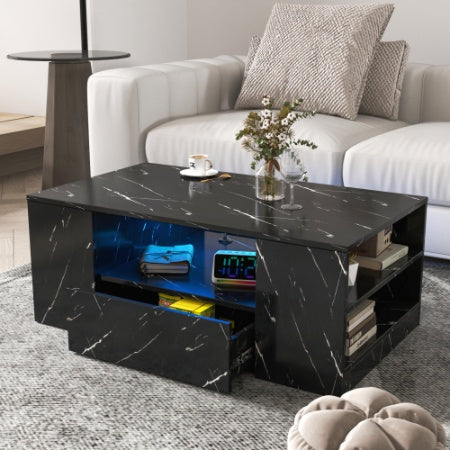 Modern Coffee Tables For Living Room, LED Coffee Table, Storage Coffee Table, Small Coffee Table, Wood Center Table With 2 Drawers And Open Side Shelf