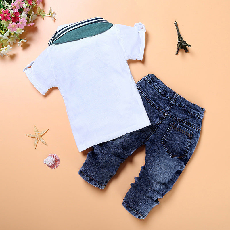 European and American Boys Handsome Short-sleeved Shirt  Jeans 3-piece Suit