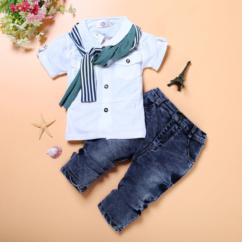 European and American Boys Handsome Short-sleeved Shirt  Jeans 3-piece Suit