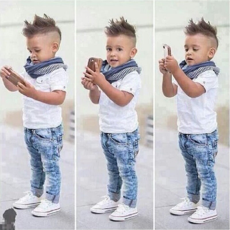 European and American Boys Handsome Short-sleeved Shirt  Jeans 3-piece Suit