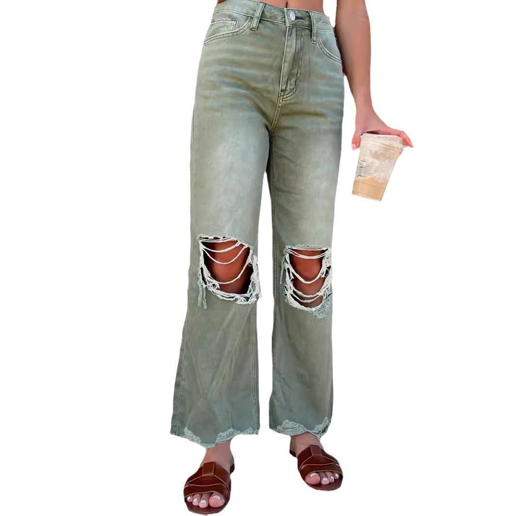 Women's Straight Loose Hole Jeans