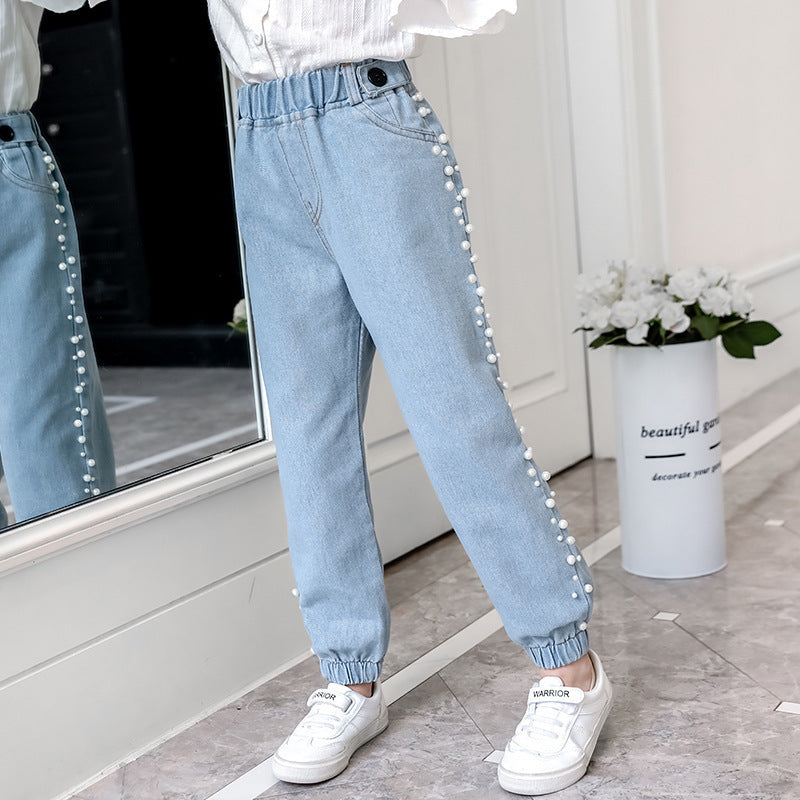 Girls' Fashion Side Beaded Jeans Big Boys Korean Style Loose Children's Trousers
