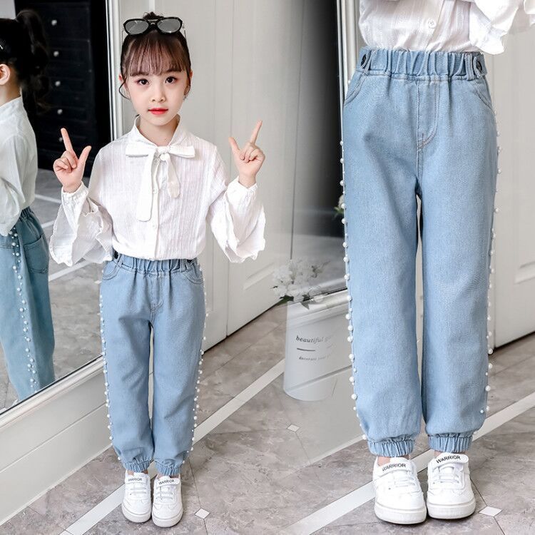 Girls' Fashion Side Beaded Jeans Big Boys Korean Style Loose Children's Trousers