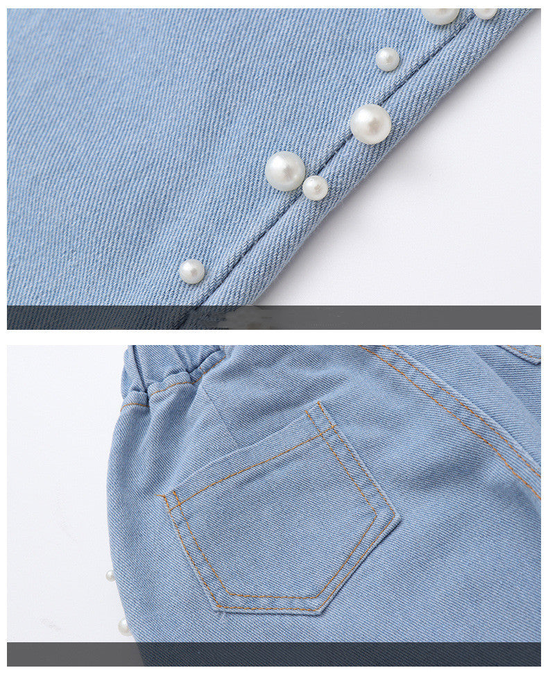 Girls' Fashion Side Beaded Jeans Big Boys Korean Style Loose Children's Trousers