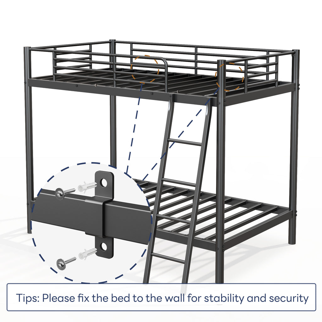 Loft Bunk Bed Twin Over Twin Size With Ladder And Guardrail,Heavy Duty Metal Slats Support No Box Spring Needed Small Space Saving Furniture For Bedroom Dorm,Black