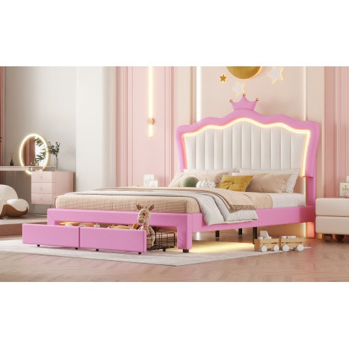 Full Size Upholstered Bed Frame With LED Lights, Modern Upholstered Princess Bed With Crown Headboard, 2 Drawers