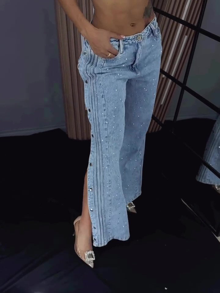 Button Polyester Rhinestone Fashion Jeans