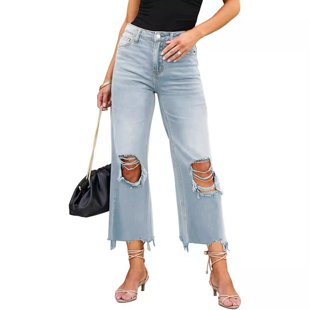 Women's Straight Loose Hole Jeans