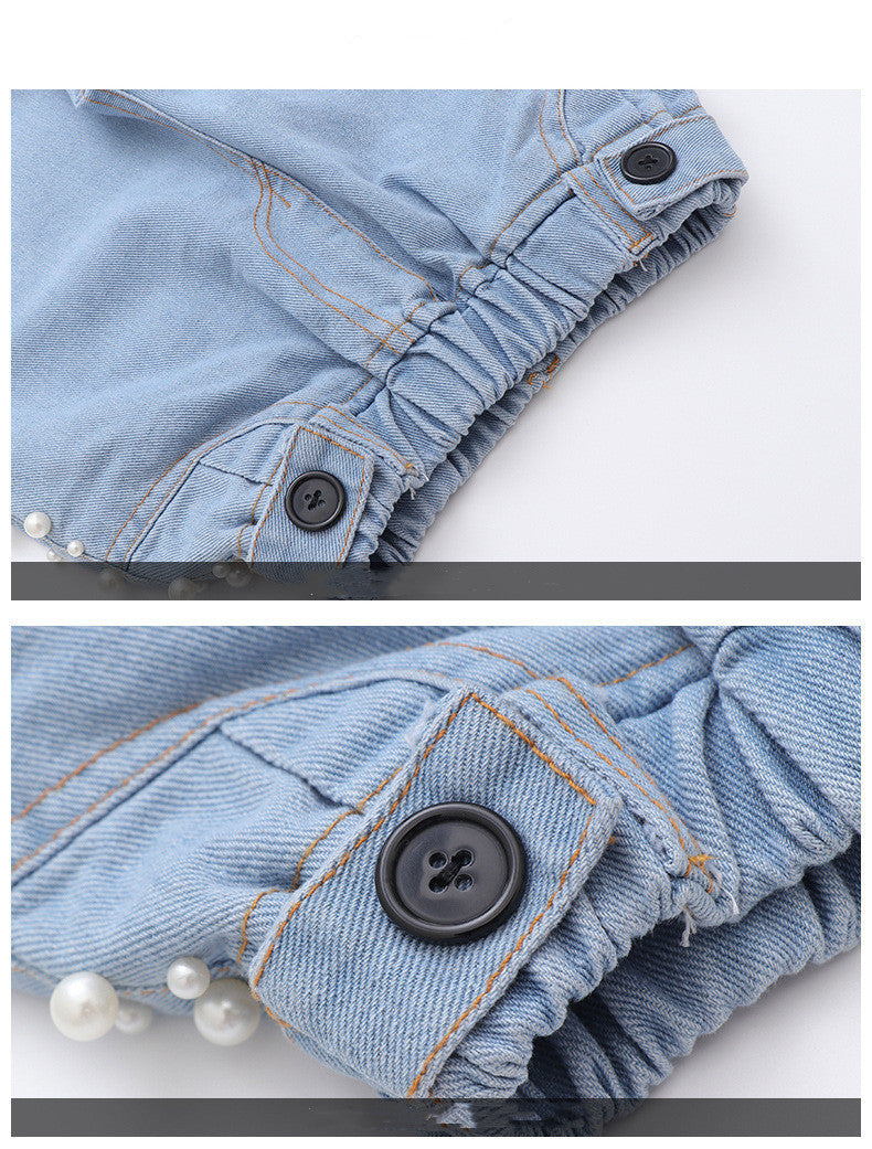Girls' Fashion Side Beaded Jeans Big Boys Korean Style Loose Children's Trousers