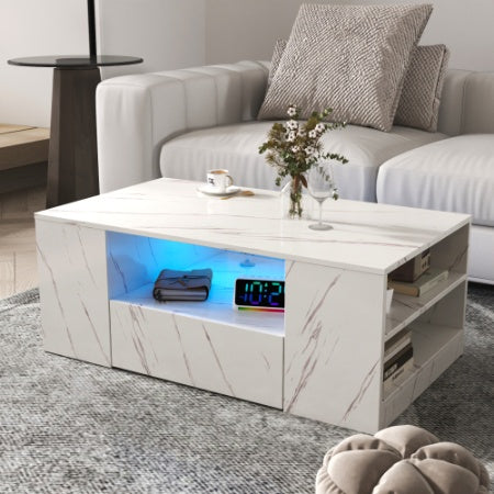 Modern Coffee Tables For Living Room, LED Coffee Table, Storage Coffee Table, Small Coffee Table, Wood Center Table With 2 Drawers And Open Side Shelf