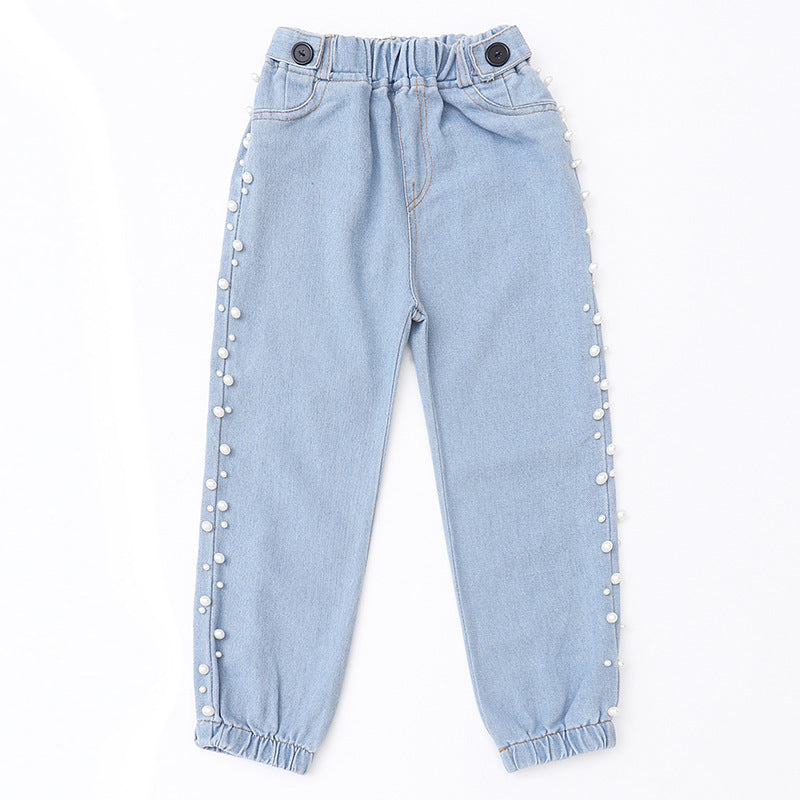 Girls' Fashion Side Beaded Jeans Big Boys Korean Style Loose Children's Trousers