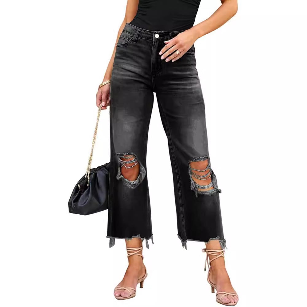 Women's Straight Loose Hole Jeans