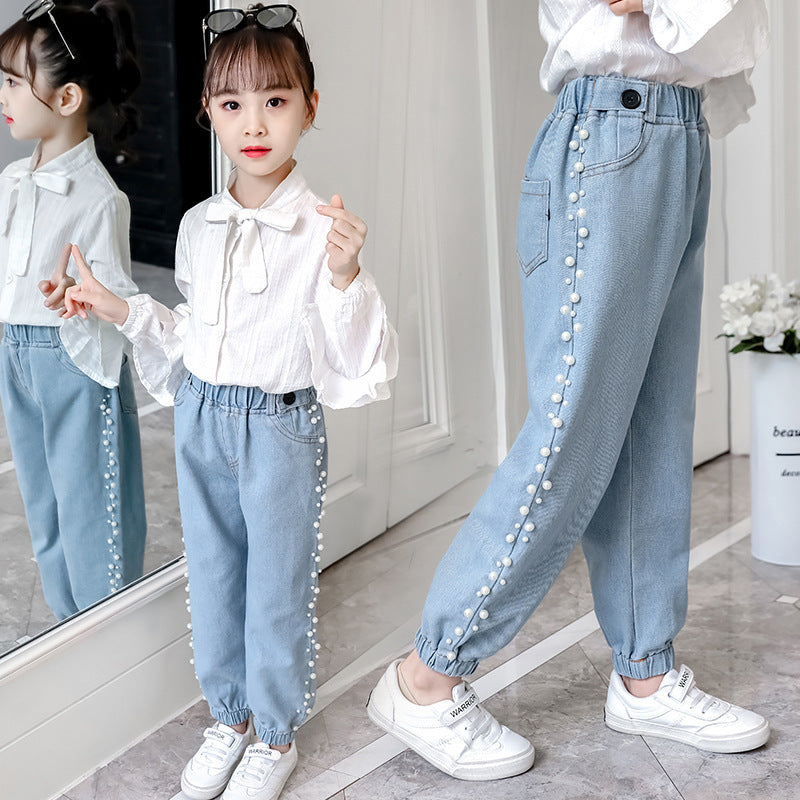 Girls' Fashion Side Beaded Jeans Big Boys Korean Style Loose Children's Trousers