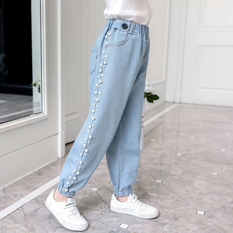 Girls' Fashion Side Beaded Jeans Big Boys Korean Style Loose Children's Trousers