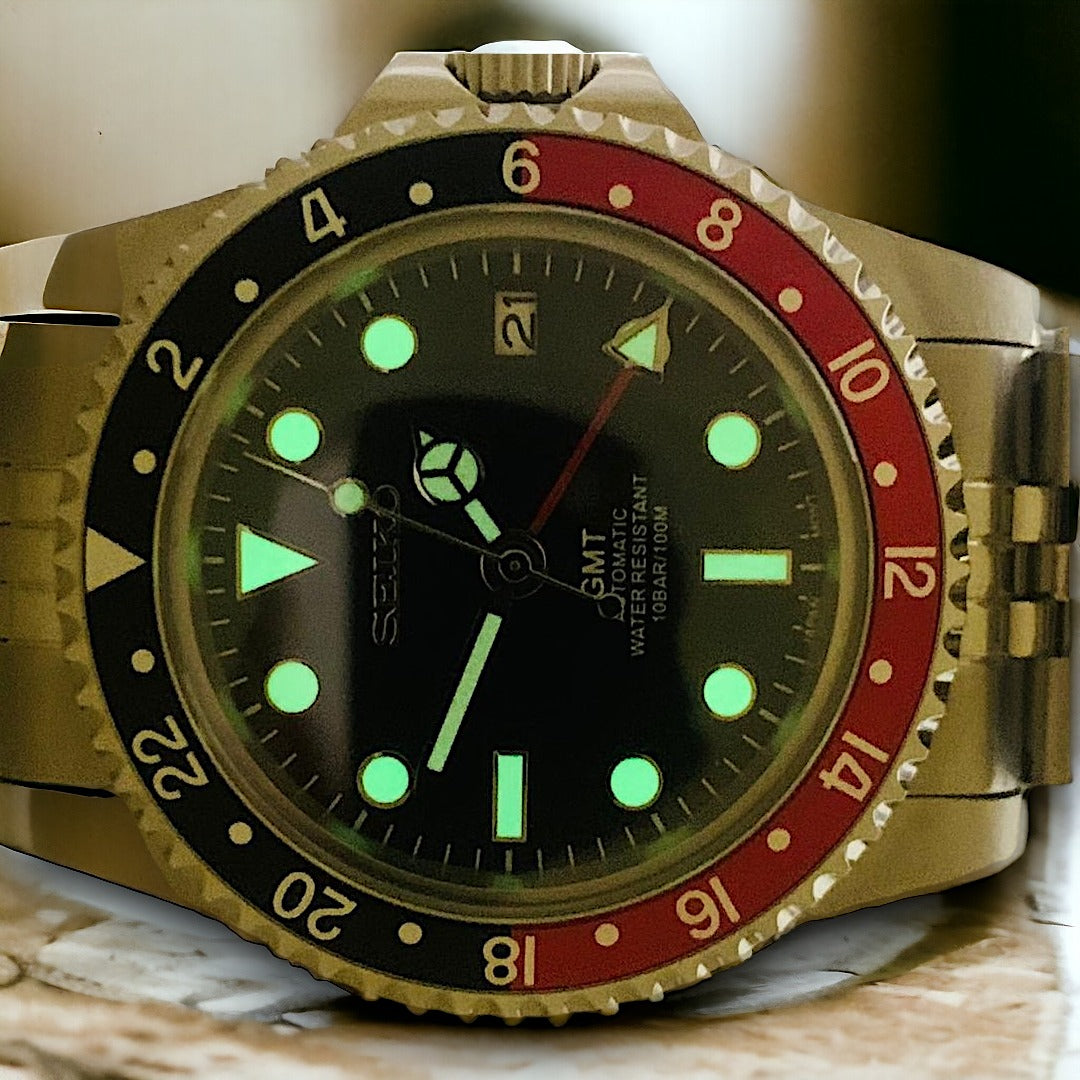 Custom Seiko MilSub Vintage Pepsi GMT Benz Date Mod