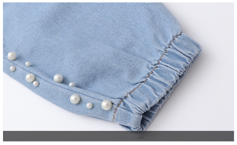 Girls' Fashion Side Beaded Jeans Big Boys Korean Style Loose Children's Trousers